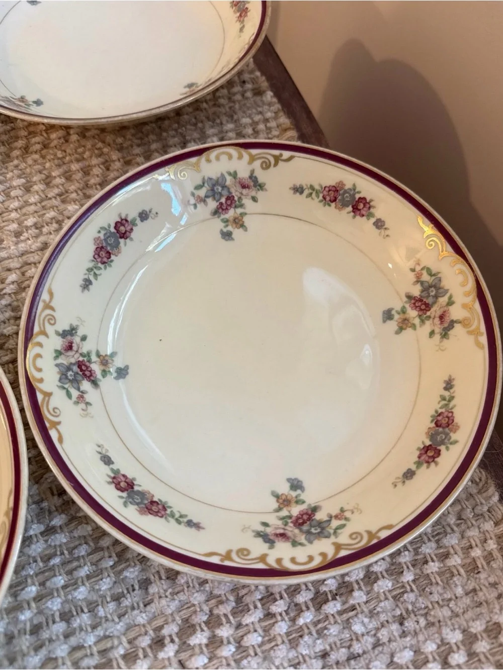 Vintage Bavarian China Dinner Plates - Ivory with Burgundy Accents